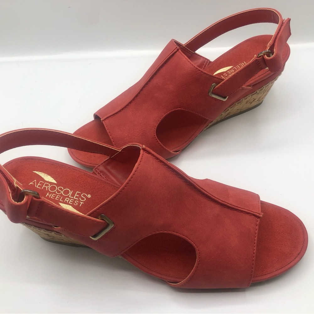 AEROSOLES Red Wedge Slingback Sandals Coral Color 3 inch Heel